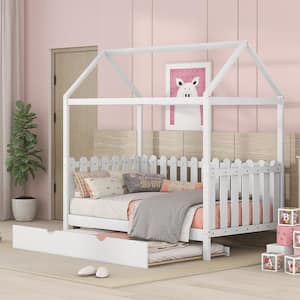 White Twin Size Wooden House Bed with Trundle, House Shape Floor Bed Frame with Roof and Fence for kids