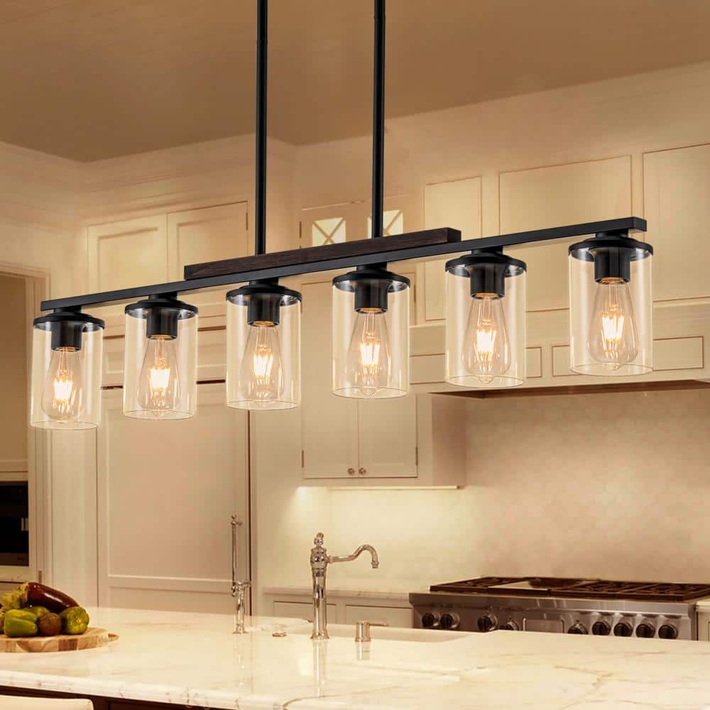 GoYeel 6-Light Black Modern Rustic Wood Linear Kitchen