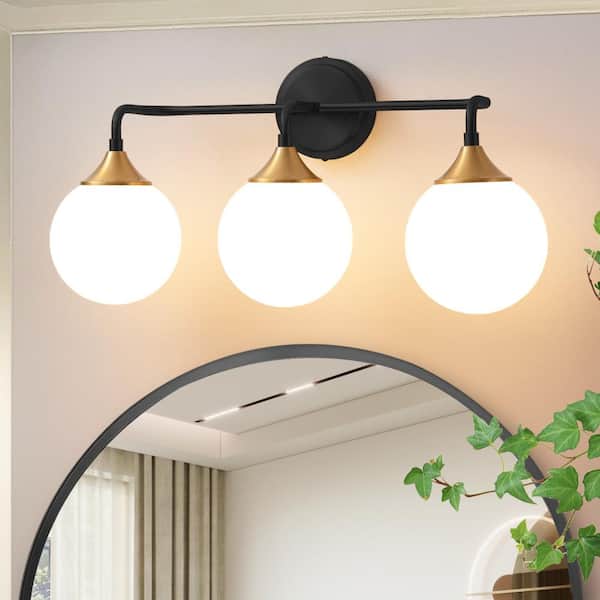 22.44 in. 3-Light Black Vanity Light with Milk White Glass Shade