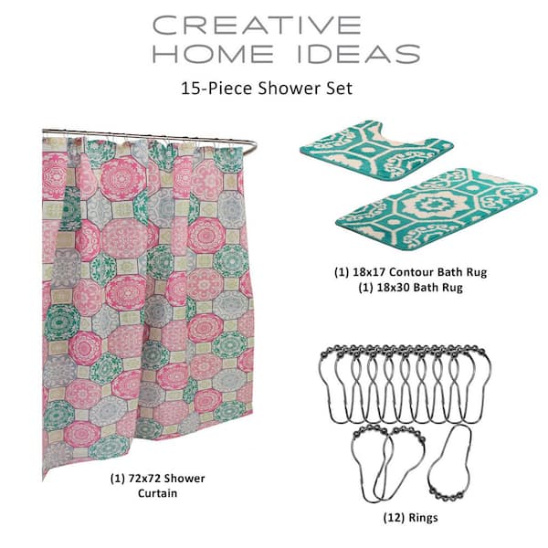 Jade + Oake 15 pc Bath Caddy Set - Shower Curtain Rug Hooks Shower