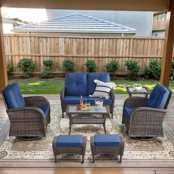 Opohoro Brown 7-Piece Wicker Patio Conversation Set with Swivel Rockers, Outdoor Loveseat Seating Set with Navy Blue Cushions