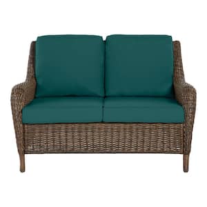 Cambridge Brown Wicker Outdoor Patio Loveseat with CushionGuard Malachite Green Cushions