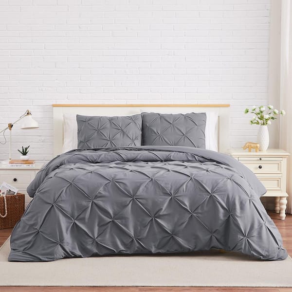 Shatex 3-Piece Microfiber Tufted Duvet Cover Set Queen Size Grey