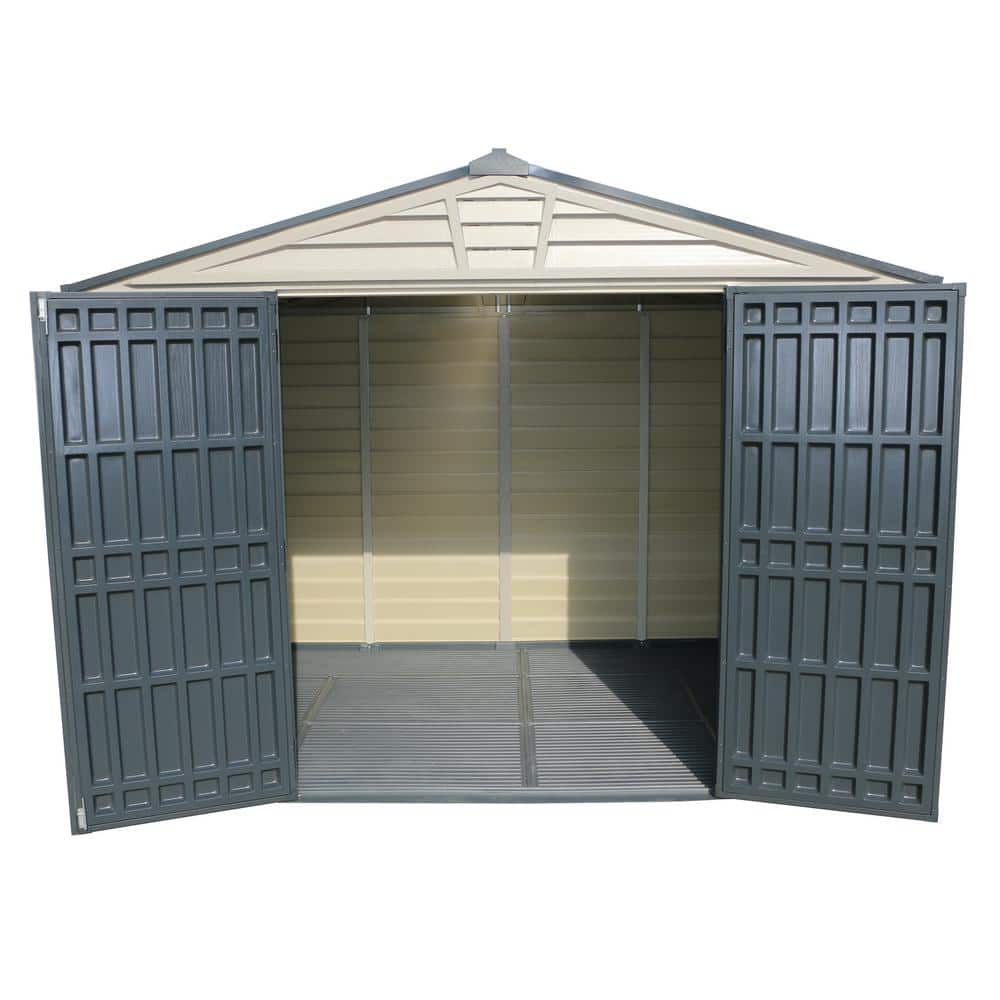 Gray 8' x 10' Vinyl Storage Shed with Shelving and Windows