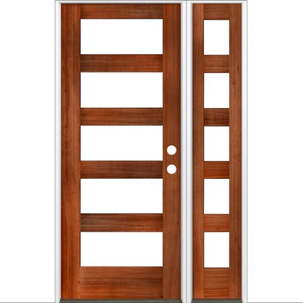 Krosswood Doors 46 in. x 80 in. Modern Hemlock Left-Hand/Inswing 5-Lite Clear Glass Red Chestnut Stain Wood Prehung Front Door