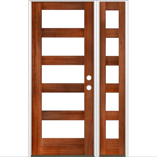 Krosswood Doors 50 in. x 80 in. Modern Hemlock Left-Hand/Inswing 5-Lite Clear Glass Red Chestnut Stain Wood Prehung Front Door