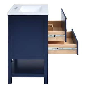 30 in. W x 18 in. D x 34 in. H Freestanding Bath Vanity in Navy Blue with White Ceramic Top and Two-Drawers