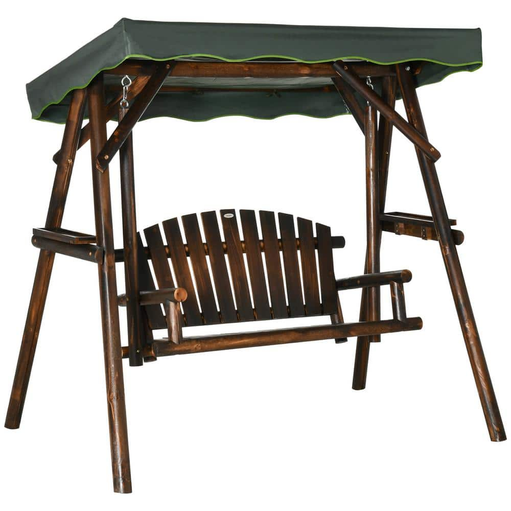 Patio Swing Chair 23.5 in. 2-Person Brown Wood Outdoor Bench -  Outsunny, 84A-216