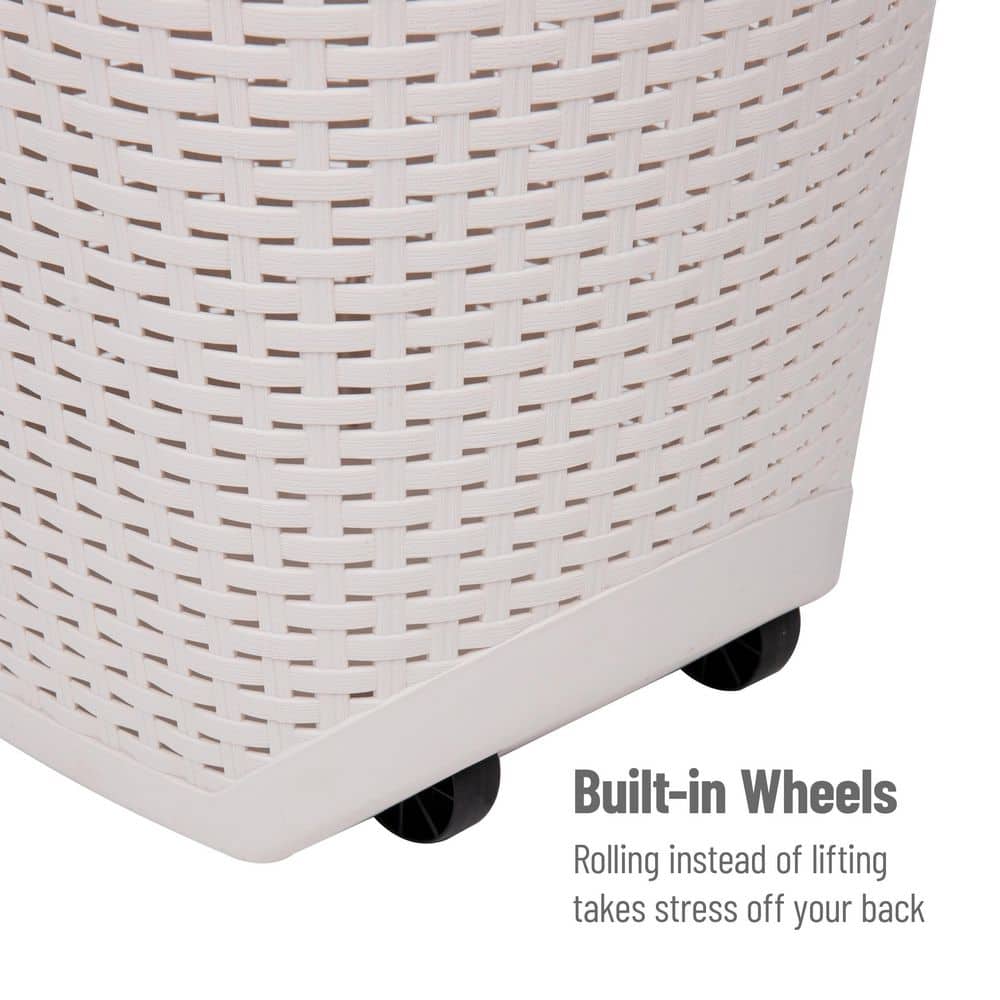 Ivory Wicker-look Plastic Upright Laundry Hamper with Wheels