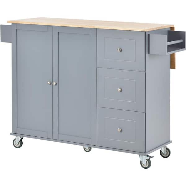 Grey Blue Solid Wood Top 52.7 in. Kitchen Island with Drop Leaf Breakfast Bar and 3 Drawers