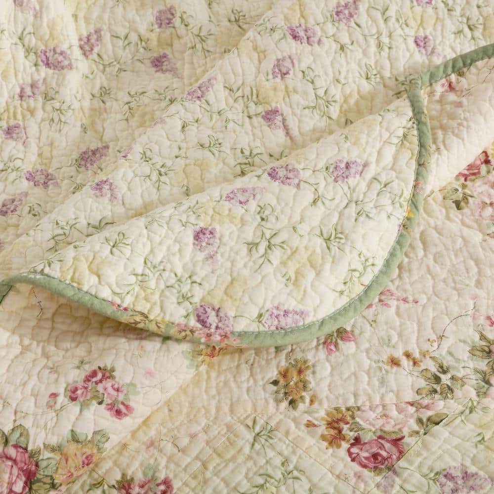 Ivory and Sage Floral Patchwork Cotton Throw Blanket