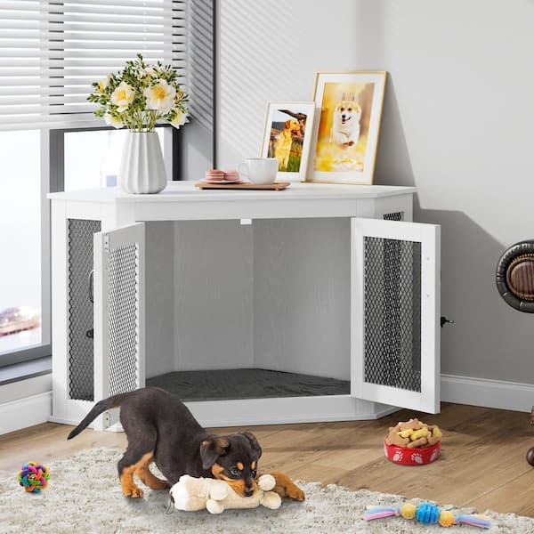 FUFU&GAGA White Furniture Corner Dog Crate with Cushion, Medium Small Dog Kennel Indoor Use, Pet Corner Crate for Limited Room