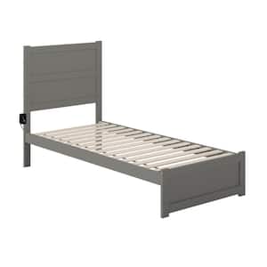 NoHo 38-1/4 in. W Grey Twin Extra Long Solid Wood Frame with Footboard and Attachable USB Device Charger Platform Bed