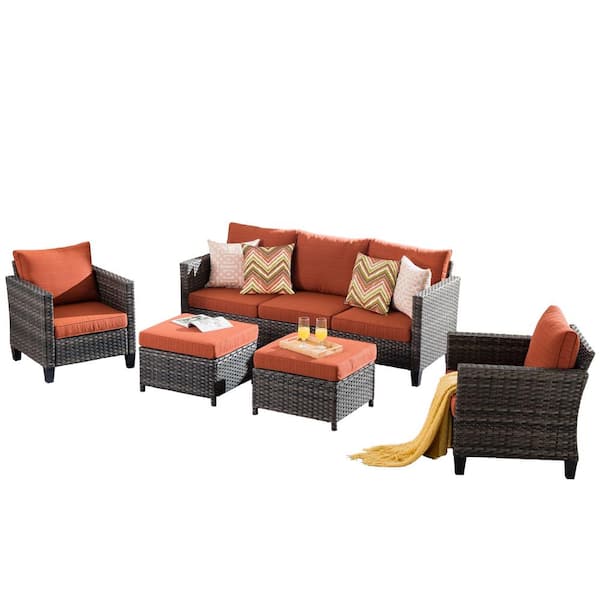 OVIOS New Vultros Gray 5-Piece Wicker Outdoor Patio Conversation Seating Set with Orange Red Cushions