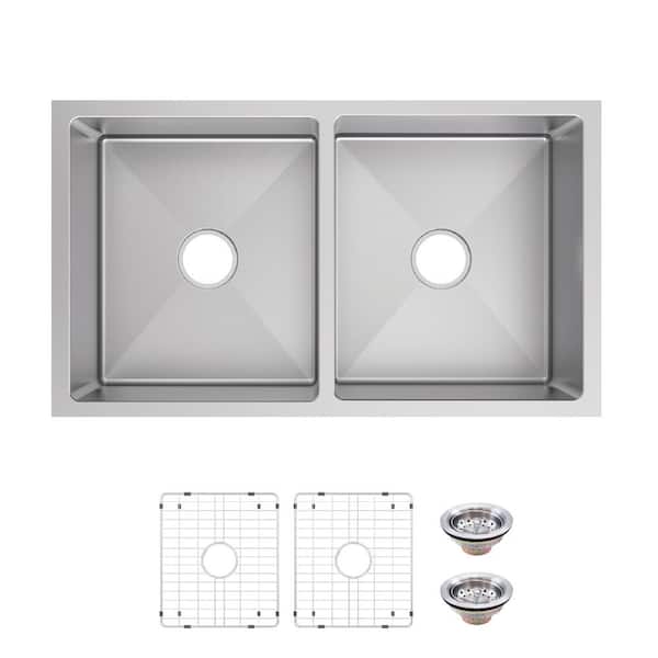 Tight Radius 36 in. Undermount 50/50 Double Bowl 18 Gauge Stainless Steel Kitchen Sink with Accessories
