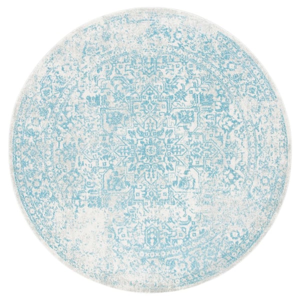 Evoke Ivory/Aqua  3 ft. x 3 ft. Distressed Border Medallion Round Area Rug