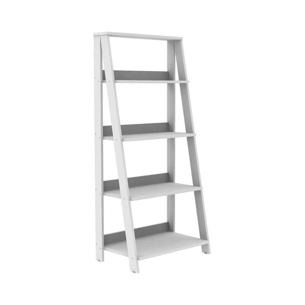 White 55" Wood Ladder Bookcase with 4 Shelves