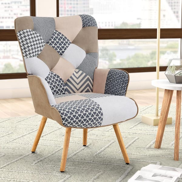Hochwertiges Grey Fabric Upholstered Accent Chair Wingback Armchair with Solid Wood Legs