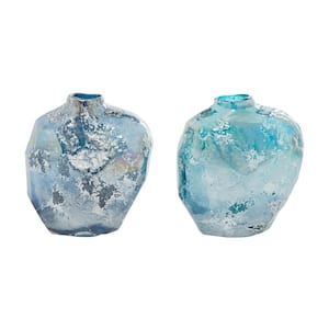 8 in., 9 in. Blue Handmade Blown Glass Decorative Vase (Set of 2)