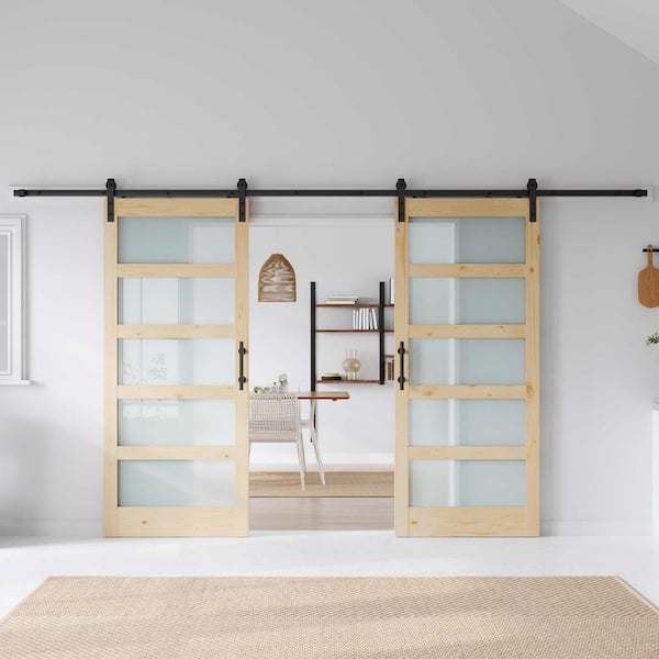 72 in. x 84 in. 5-Lite Tempered Frosted Glass Solid Core Spruce Wood Sliding Barn Door with Hardware Kit