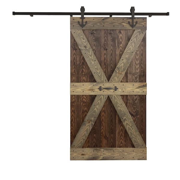 COAST SEQUOIA INC 42 in. x 84 in. X Series Embossing Dark Walnut/Aged Barrel Knotty Wood Sliding Door With Hardware Kit
