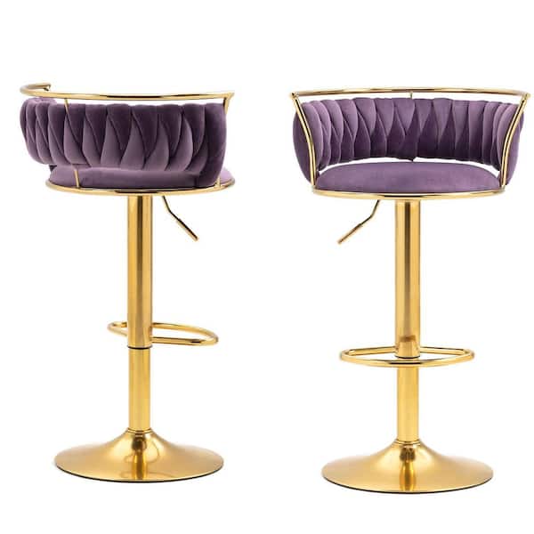 Uixe 38.5 in. Purple Low Back Metal Frame Swivel Adjustable Height Bar Stool with Velvet Seat (Set of 2)