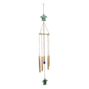 41 in. Gold Metal Turtle Indoor Outdoor Embellished Windchime with Glass Beads and Pipe Bells
