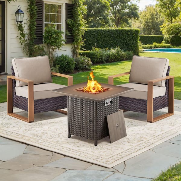 FanKan Brown 3-Piece Wicker Outdoor Glider Chair Patio Deep Seating with Rectangular Fire Table and Beige Cushions
