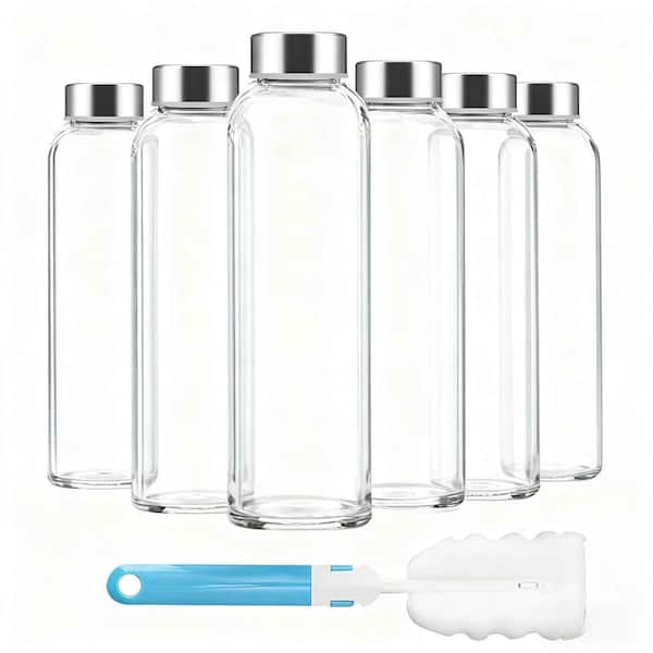 18 oz. Reusable Leak Proof BPA Free Clear Glass Bottles with Stainless Steel Lids for Juicing, Refrigerator (6-Pack)