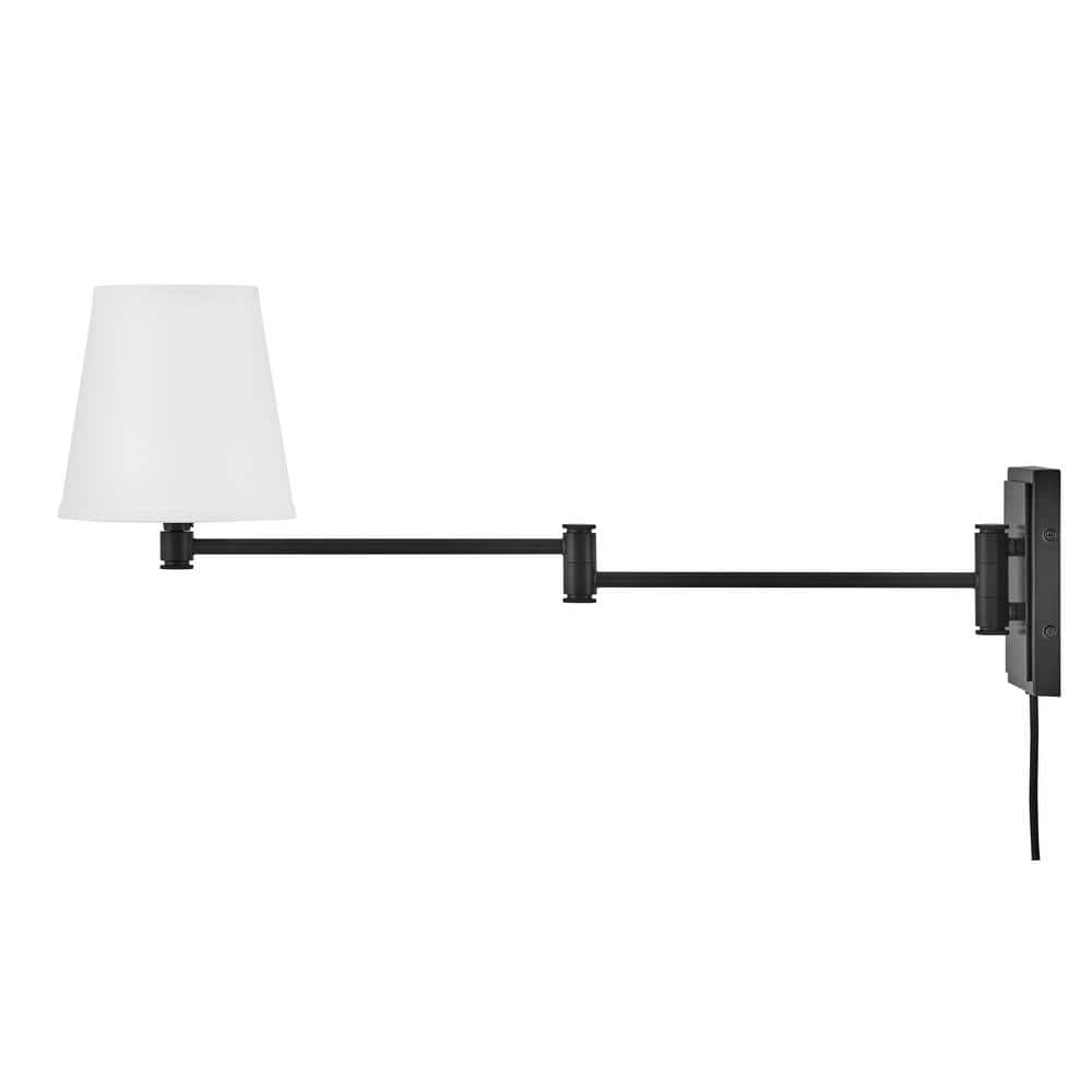 Black Steel Dimmable Plug-in Swing Arm Sconce with White Shade