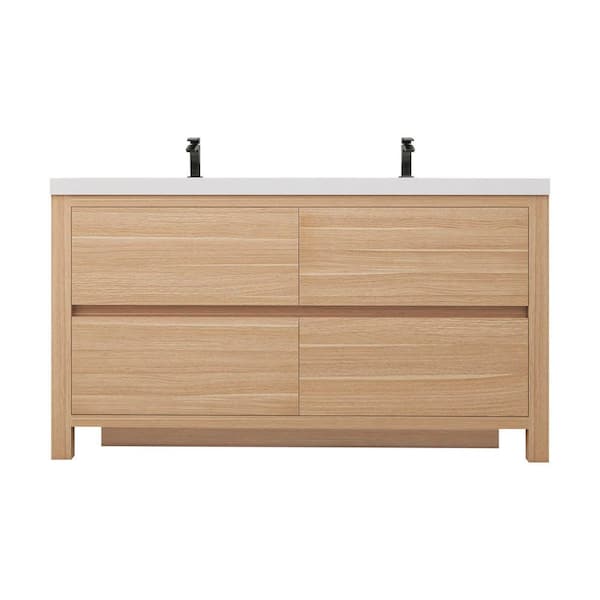 Louis 59 in. W x 20 in. D x 35 in. H Double Sink Freestanding Bath Vanity in Champagne Oak with White Acrylic Top