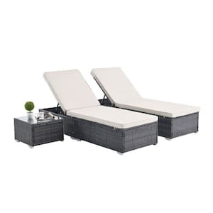 3 Piece Brown PE Rattan and Steel Frame, PE Wicker Adjustable Outdoor Chaise Lounge Chair with Beige Removable Cushions