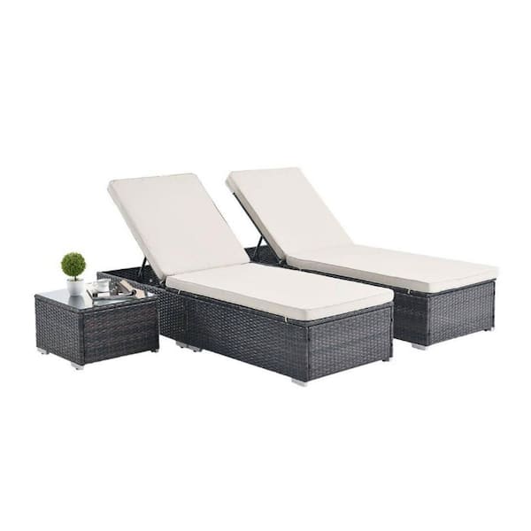 Sudzendf 3 Piece Brown PE Rattan and Steel Frame, PE Wicker Adjustable Outdoor Chaise Lounge Chair with Beige Removable Cushions