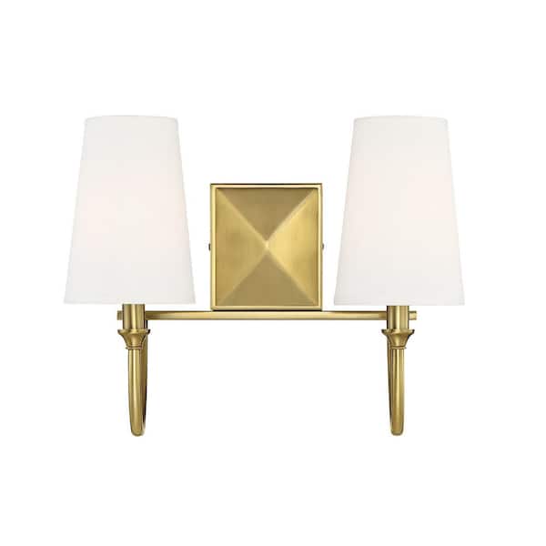 Savoy House Cameron 15 in. W x 12 in. H 2-Light Warm Brass Bathroom Vanity Light with White Fabric Shades