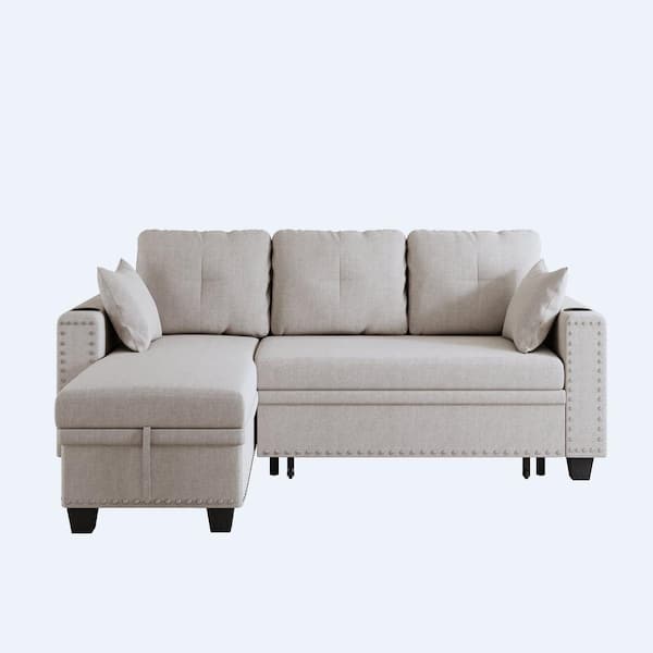 Z-joyee 85 in. Beige Cotton linen Nail Head Multi-functional Full Size L-shaped Sofa Bed