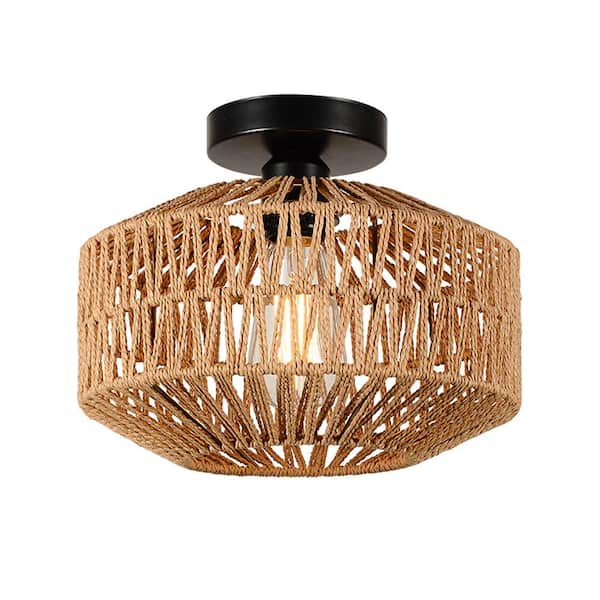 SEEUTEK Annecy 11.8 in. 1-Light Brown Rattan Semi-Flush Mount with Shade and Bulbs Included