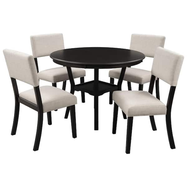 Boyel Living 5 Piece Espresso Kitchen Dining Table Set Round Table With Bottom Shelf 4 Upholstered Chairs For Dining Room Tr 051eo The Home Depot