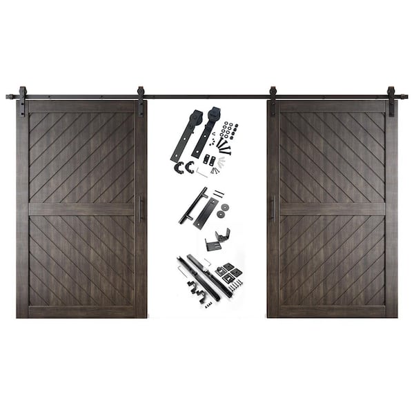 HOMACER XT3 42 in. x 80 in. C-Panel Ebony Slanted Stripe Design Double Pine Wood Sliding Barn Door with Hardware Kit