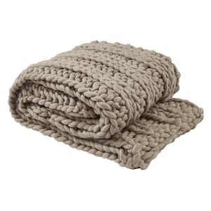 Chunky Ribbed Knit Mushroom Beige Polyester Throw Blanket
