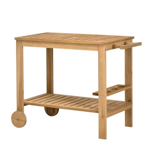 Phewnyzo Wood Rolling Home Outdoor Bar Cart with 2 Shelves, Wine Bottle Holders for Garden, Dining Room