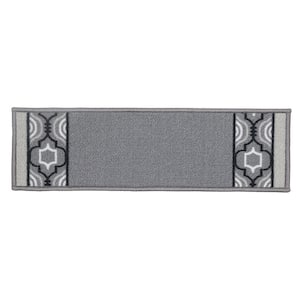 Trellis Border Custom Size Gray 6.5 in. x 32 in. Indoor Carpet Stair Tread Cover Slip Resistant Backing (Set of 13)