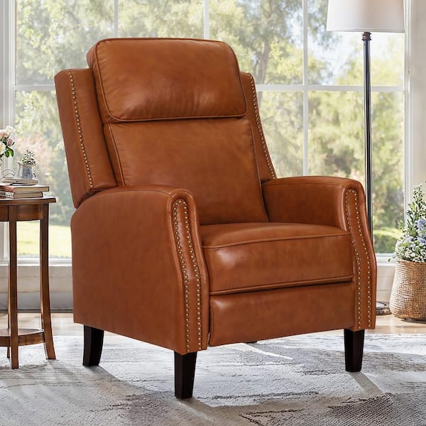 cozyman Valkyrie Camel Genuine Leather Recliner Chair Arm Chair with Nailhead Handrails and Adjustable Footrest