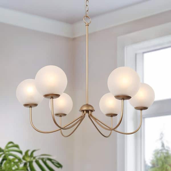 LNC Modern Deep Gold 6-Light Chandelier 27 in. Classic Globe Candlestick Frosted Glass Shades High Ceiling Light