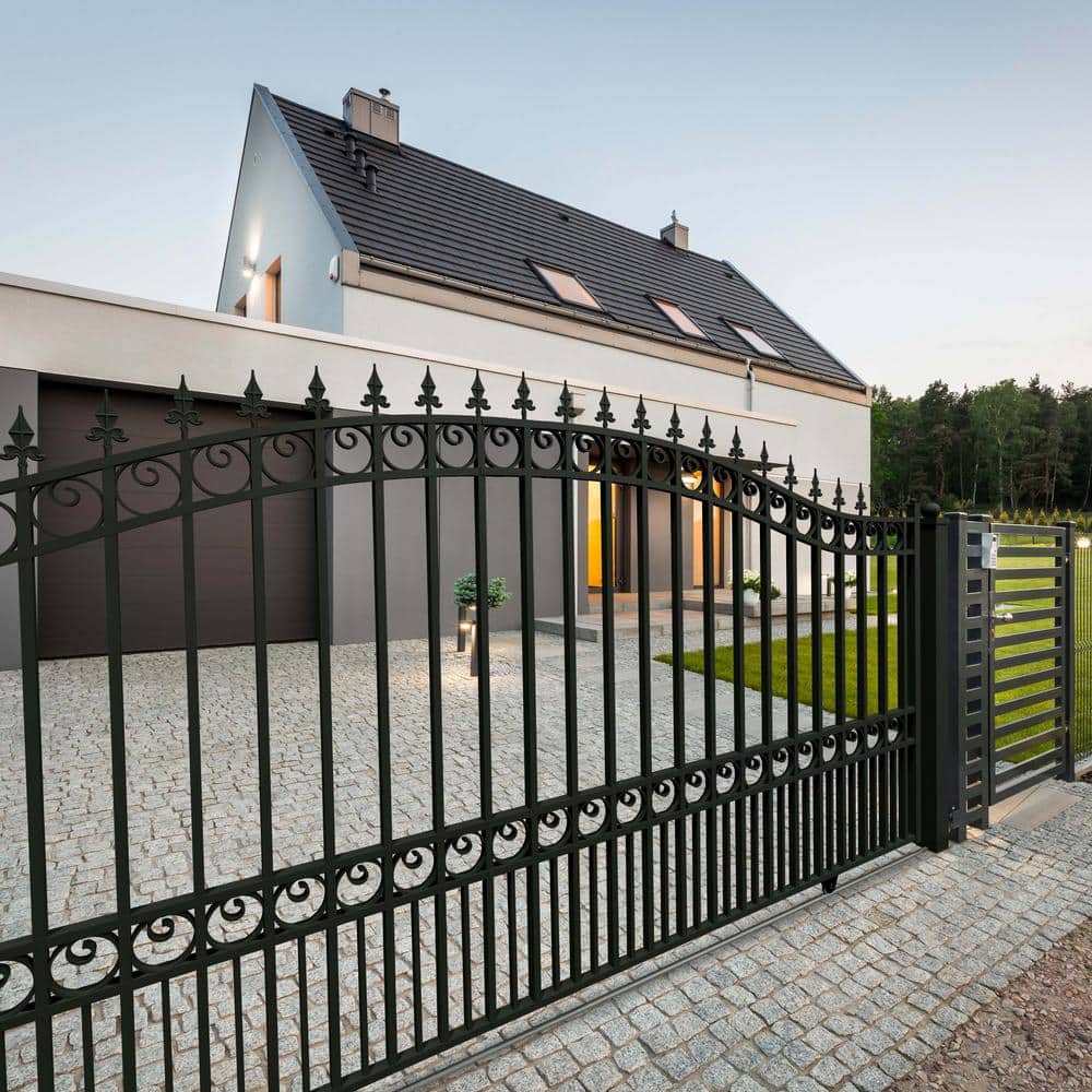 Black Steel Arched Sliding Driveway Gate with Pointed Pickets