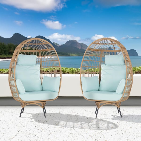 BFB 2 -Pieces Oversized Patio Brown Wicker Swivel Egg Chair, Indoor Outdoor Rattan Egg Chair
