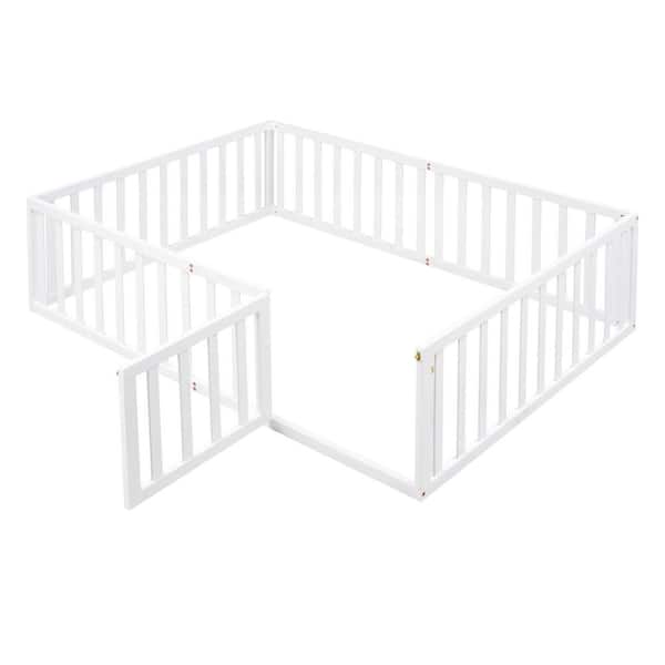 White Wood Frame Full Size Floor Bed, Platform Bed with Fence and Door