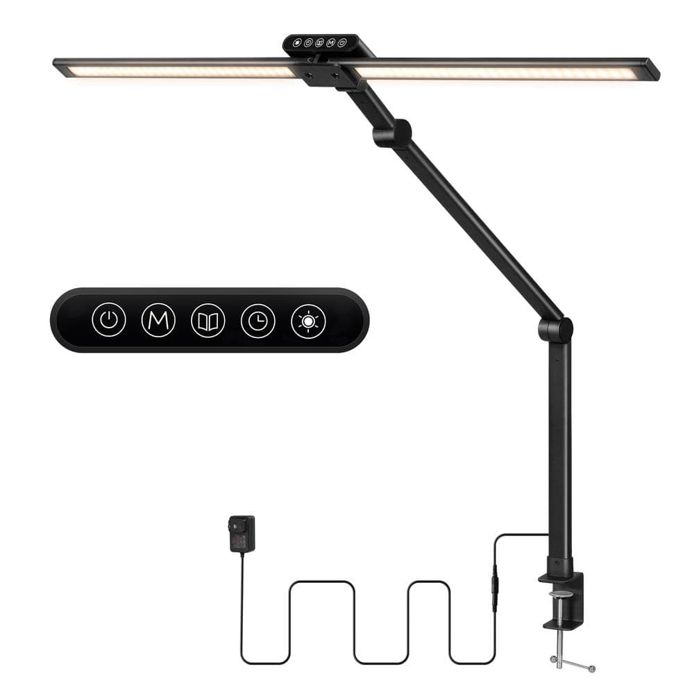 30 in. Black 2-Head Integrated LED Adjustable Swing Arm Plug-in Dimmable and Flexible Clip-on Desk Lamp with Clamp -  BICIK, H-ZD17-US-BK