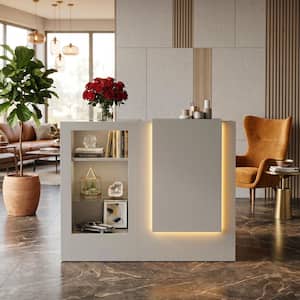 47.2 in. W L-Shape White Wooden Corner Writing Desk, Computer Desk w/ Open Shelves, Glass Display Cabinet and LED Lights