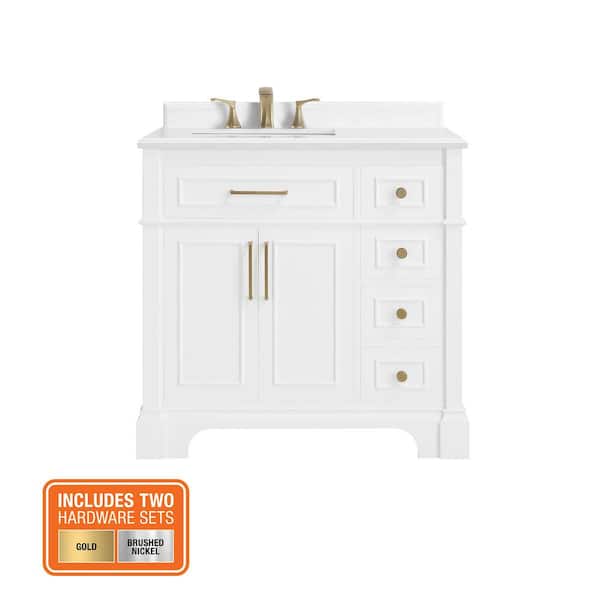 Melpark 36 in. Single Sink White Bath Vanity with White Engineered Marble Top (Assembled)