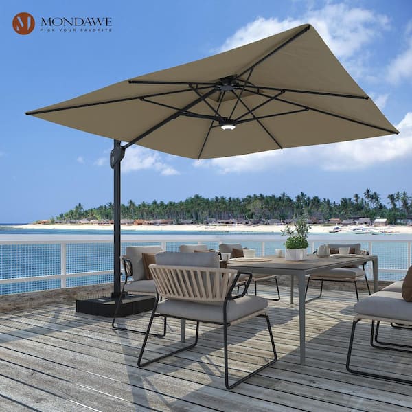10 ft. Aluminum Cantilever with Bluetooth Speaker Atmosphere Lamp Offset Outdoor Patio Umbrella in Taupe for Garden